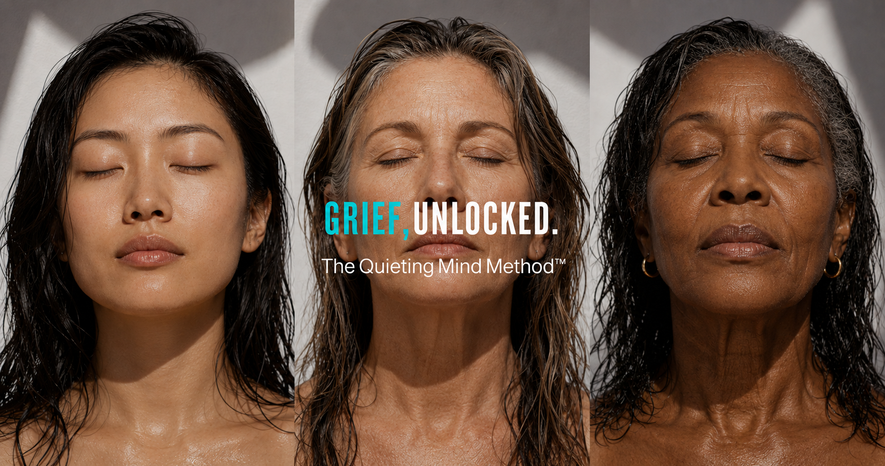 Three people with eyes closed in quiet reflection, representing the Grief, Unlocked community.
